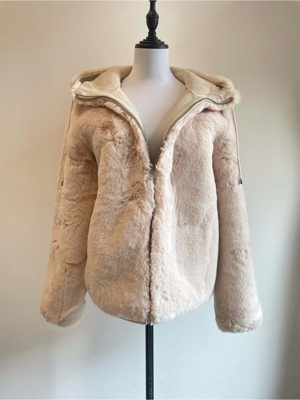 Maje Plush Hooded Faux Fur Jacket Reversible - Light Beige Size36 /S